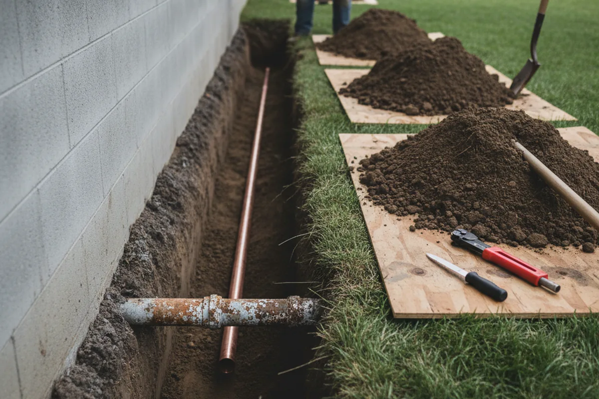 Excavated water line trench during Water Softener Installation in Solsberry